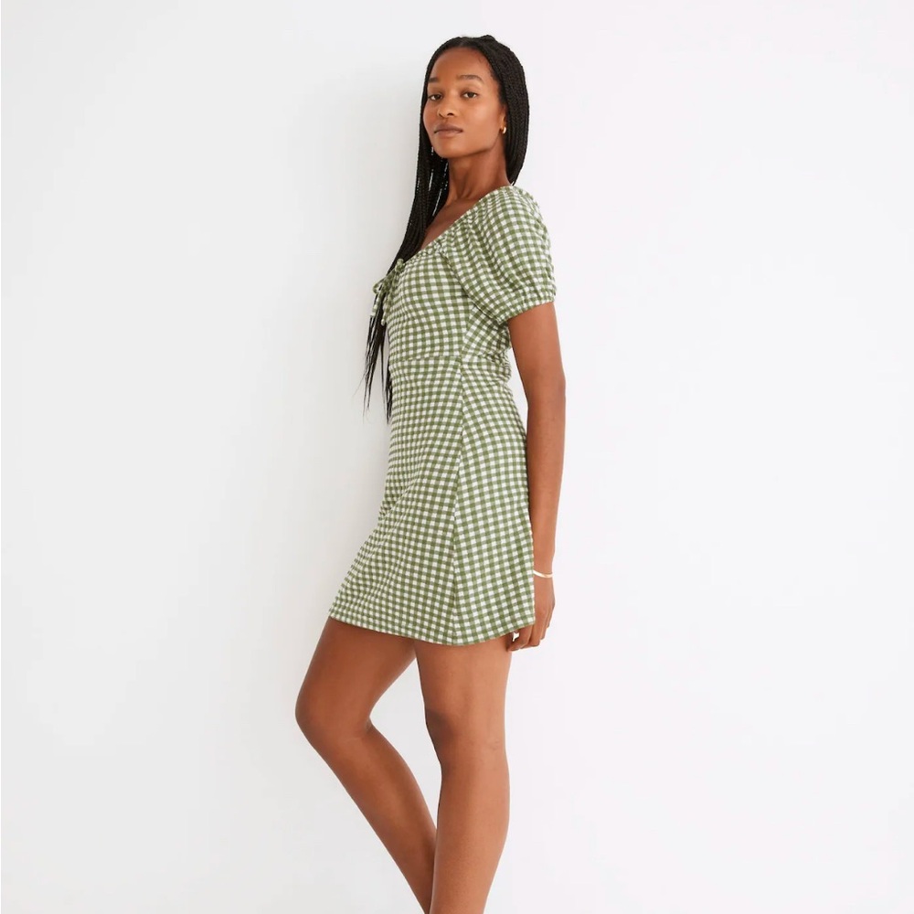 Madewell Jacquard Puff-Sleeve Mini Dress in Green Gingham Check